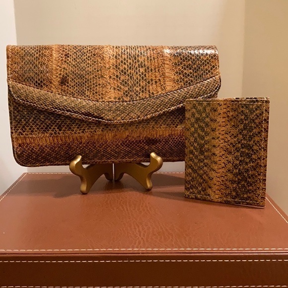 Snakeskin convertible clutch and matching wallet